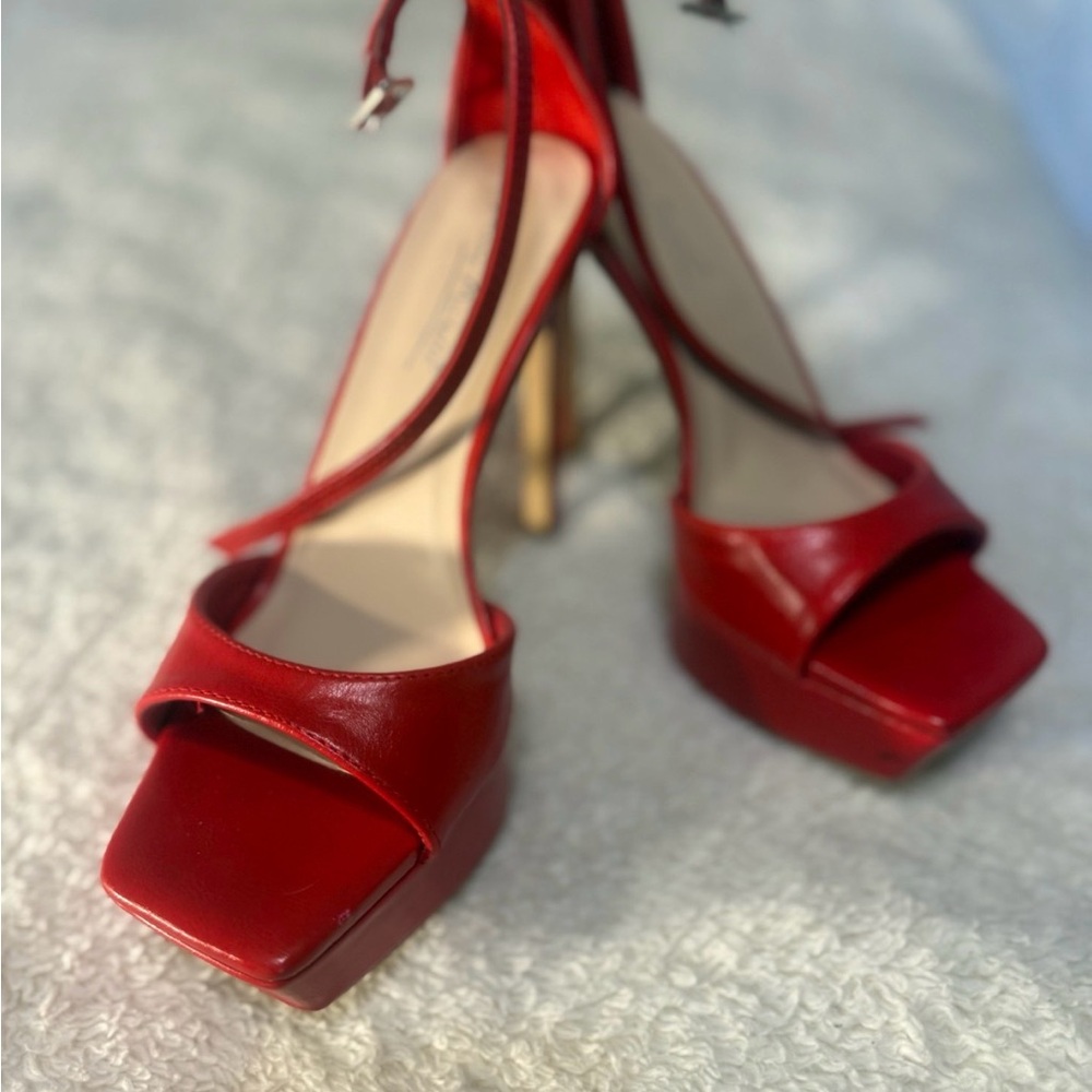 Red Platform Square Toe Platform High Heel Stilet… - image 1